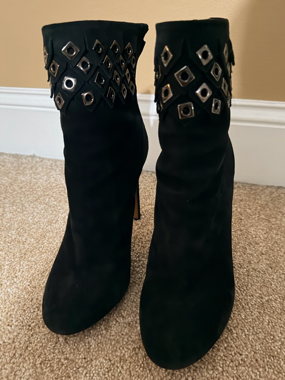 Alaïa Black Suede Ankle Boots with Silver Eyelet Trim